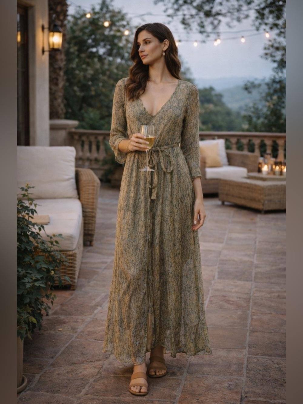 Mes Demoiselles Olive Floral Maxi Dress SZ 38 Tie Waist Boho